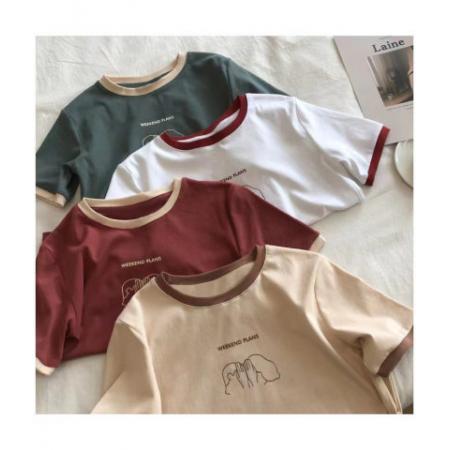 BY18024# 跨境外贸复古短袖t恤女夏天修身韩版百搭半截袖日系韩风chic上衣 服裝批發女裝批發服飾貨源