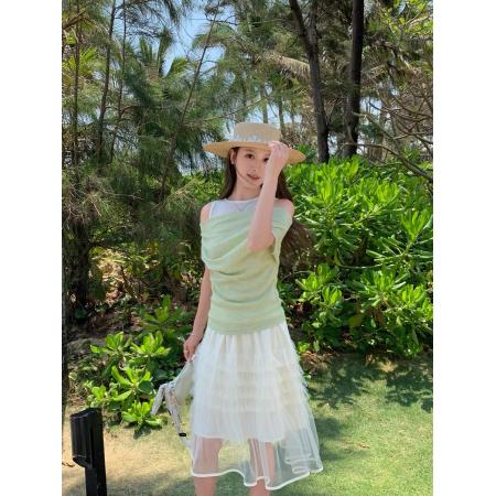 BY18030# 夏上新假两件拼接露肩T恤女短袖设计感气质轻熟风上衣 服裝批發女裝批發服飾貨源