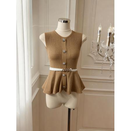 BY18032# 温柔风圆领无袖背心女收腰荷叶边单排扣针织上衣 服裝批發女裝批發服飾貨源