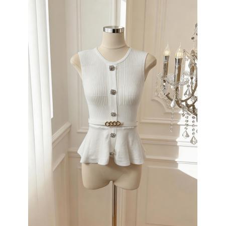 BY18032# 温柔风圆领无袖背心女收腰荷叶边单排扣针织上衣 服裝批發女裝批發服飾貨源