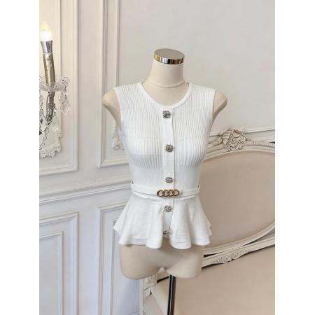 BY18032# 温柔风圆领无袖背心女收腰荷叶边单排扣针织上衣 服裝批發女裝批發服飾貨源