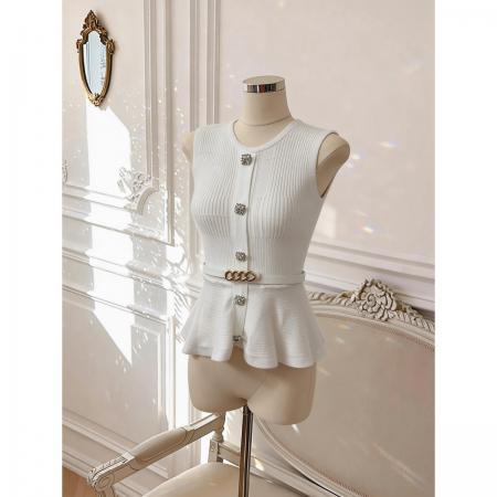 BY18032# 温柔风圆领无袖背心女收腰荷叶边单排扣针织上衣 服裝批發女裝批發服飾貨源