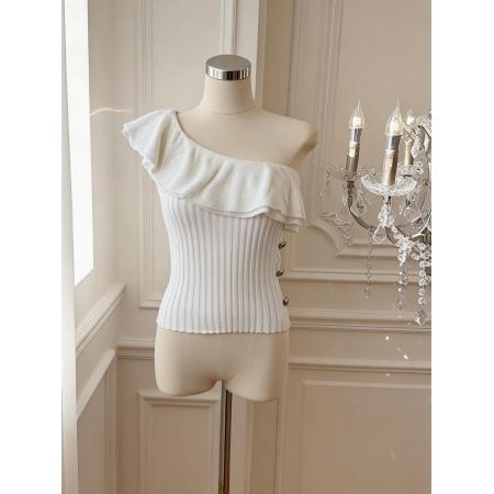 BY18033# 法式单肩荷叶边针织衫女夏新款修身无袖露背短上衣 服裝批發女裝批發服飾貨源