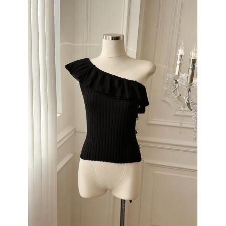 BY18033# 法式单肩荷叶边针织衫女夏新款修身无袖露背短上衣 服裝批發女裝批發服飾貨源