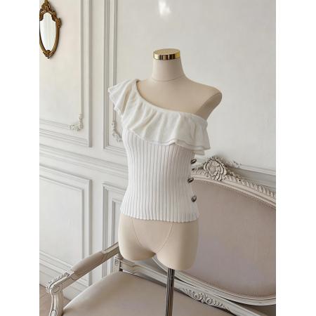 BY18033# 法式单肩荷叶边针织衫女夏新款修身无袖露背短上衣 服裝批發女裝批發服飾貨源