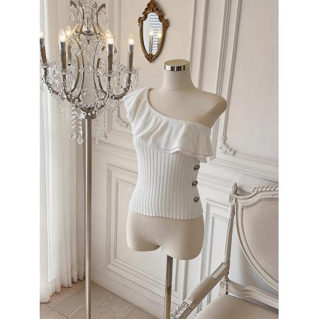 BY18033# 法式单肩荷叶边针织衫女夏新款修身无袖露背短上衣 服裝批發女裝批發服飾貨源