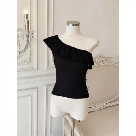 BY18033# 法式单肩荷叶边针织衫女夏新款修身无袖露背短上衣 服裝批發女裝批發服飾貨源