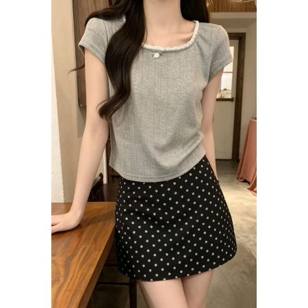 BY18035# 蕾丝花边立体小花短袖T恤女夏季新款高腰短款方领小衫上衣潮 服裝批發女裝批發服飾貨源