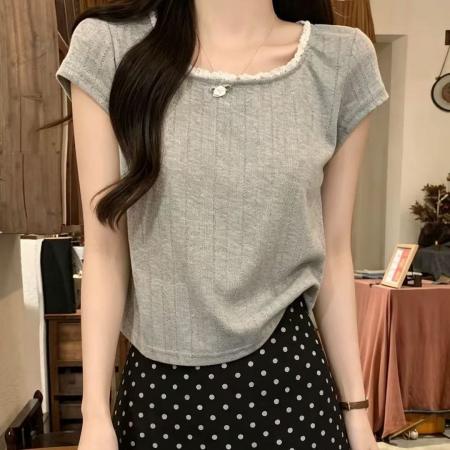 BY18035# 蕾丝花边立体小花短袖T恤女夏季新款高腰短款方领小衫上衣潮 服裝批發女裝批發服飾貨源