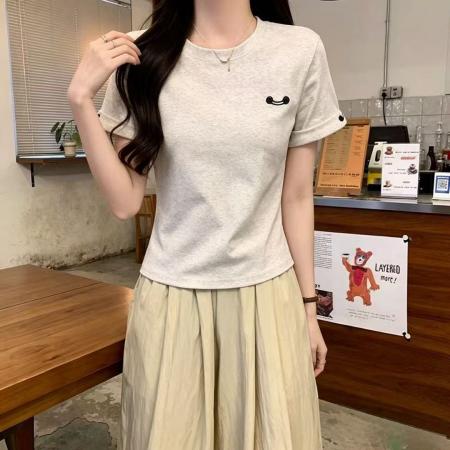 BY18036# 夏季新款花灰色时尚洋气圆领简约百搭显瘦减龄短袖上衣女 服裝批發女裝批發服飾貨源