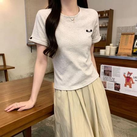 BY18036# 夏季新款花灰色时尚洋气圆领简约百搭显瘦减龄短袖上衣女 服裝批發女裝批發服飾貨源