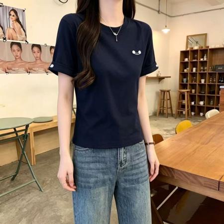 BY18036# 夏季新款花灰色时尚洋气圆领简约百搭显瘦减龄短袖上衣女 服裝批發女裝批發服飾貨源