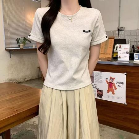 BY18036# 夏季新款花灰色时尚洋气圆领简约百搭显瘦减龄短袖上衣女 服裝批發女裝批發服飾貨源