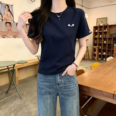 BY18036# 夏季新款花灰色时尚洋气圆领简约百搭显瘦减龄短袖上衣女 服裝批發女裝批發服飾貨源