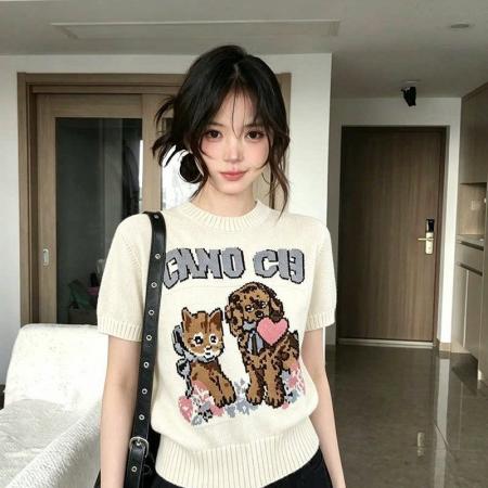 BY18037# 复古风童趣复古针织衫萌宠短袖夏季卡通新款提花圆领上衣针织 服裝批發女裝批發服飾貨源