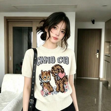 BY18037# 复古风童趣复古针织衫萌宠短袖夏季卡通新款提花圆领上衣针织 服裝批發女裝批發服飾貨源