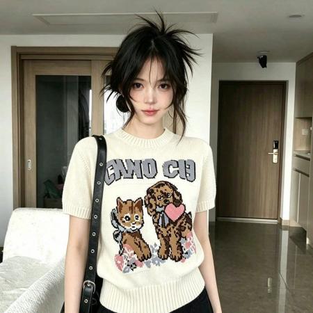 BY18037# 复古风童趣复古针织衫萌宠短袖夏季卡通新款提花圆领上衣针织 服裝批發女裝批發服飾貨源