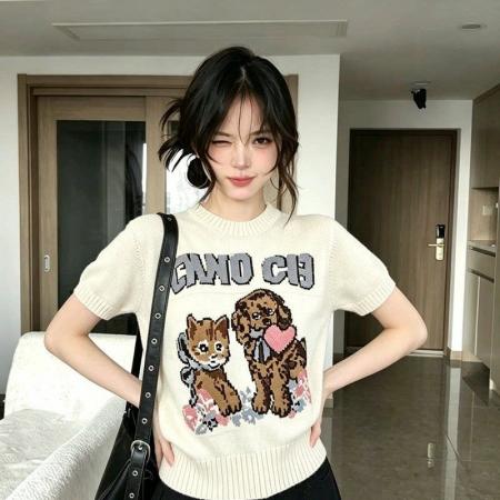 BY18037# 复古风童趣复古针织衫萌宠短袖夏季卡通新款提花圆领上衣针织 服裝批發女裝批發服飾貨源