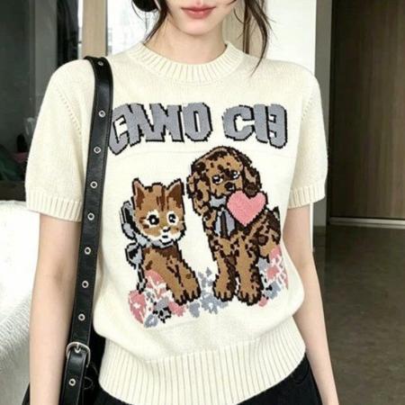 BY18037# 复古风童趣复古针织衫萌宠短袖夏季卡通新款提花圆领上衣针织 服裝批發女裝批發服飾貨源