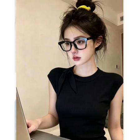 BY18039# 绑带圆领冰丝短袖针织T恤女夏季新款修身百搭小飞袖小衫上衣 服裝批發女裝批發服飾貨源