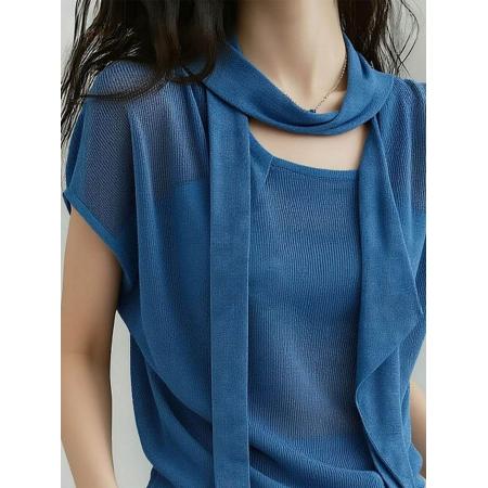 BY18044# 蓝色飘带设计微透针织衫女夏季新款时尚气质通勤百搭短袖上 服裝批發女裝批發服飾貨源