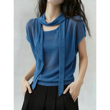 BY18044# 蓝色飘带设计微透针织衫女夏季新款时尚气质通勤百搭短袖上 服裝批發女裝批發服飾貨源