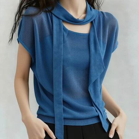 BY18044# 蓝色飘带设计微透针织衫女夏季新款时尚气质通勤百搭短袖上 服裝批發女裝批發服飾貨源