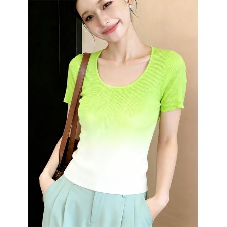 BY18045# 渐变色u领冰丝针织正肩短袖t恤女夏设计感小众法式别致粉色上衣薄 服裝批發女裝批發服飾貨源