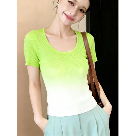 BY18045# 渐变色u领冰丝针织正肩短袖t恤女夏设计感小众法式别致粉色上衣薄 服裝批發女裝批發服飾貨源