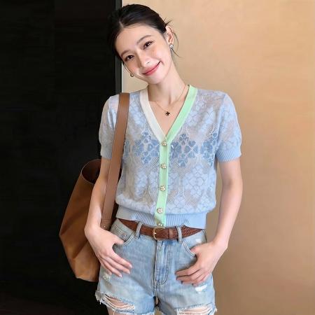 BY18046# 夏新款减龄亮片短袖V领镂空提花薄款针织衫小个子开衫女 服裝批發女裝批發服飾貨源
