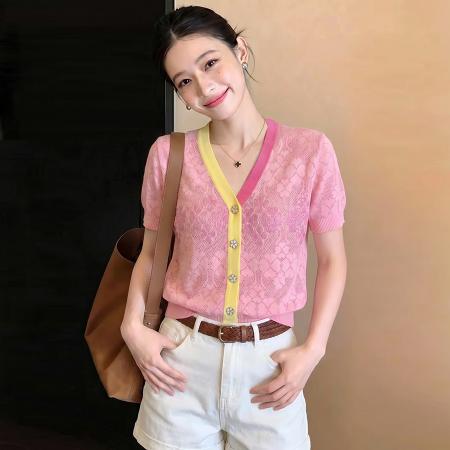 BY18046# 夏新款减龄亮片短袖V领镂空提花薄款针织衫小个子开衫女 服裝批發女裝批發服飾貨源