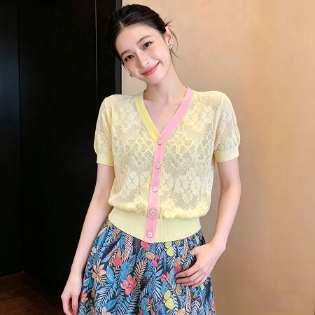 BY18046# 夏新款减龄亮片短袖V领镂空提花薄款针织衫小个子开衫女 服裝批發女裝批發服飾貨源
