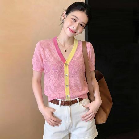 BY18046# 夏新款减龄亮片短袖V领镂空提花薄款针织衫小个子开衫女 服裝批發女裝批發服飾貨源