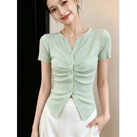 BY18047# 莱赛尔褶皱修身短袖夏季新款韩系V领收腰小众别致上衣 服裝批發女裝批發服飾貨源
