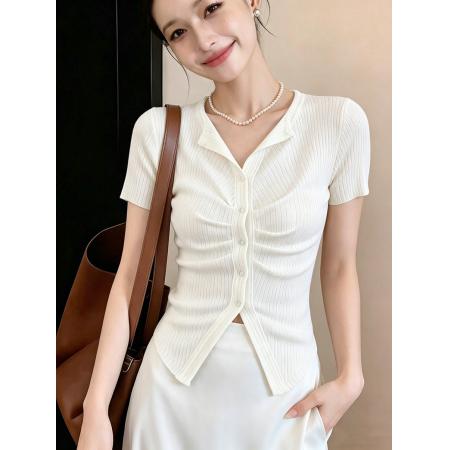 BY18047# 莱赛尔褶皱修身短袖夏季新款韩系V领收腰小众别致上衣 服裝批發女裝批發服飾貨源