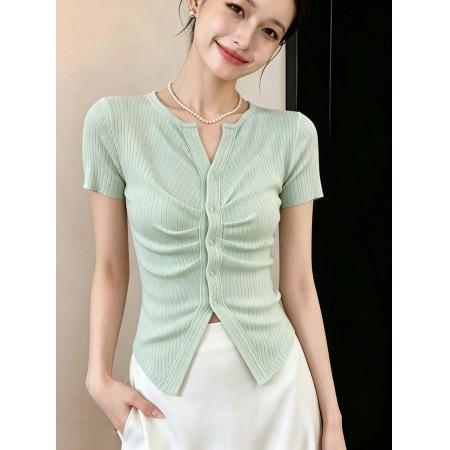 BY18047# 莱赛尔褶皱修身短袖夏季新款韩系V领收腰小众别致上衣 服裝批發女裝批發服飾貨源
