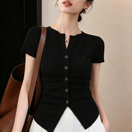 BY18047# 莱赛尔褶皱修身短袖夏季新款韩系V领收腰小众别致上衣 服裝批發女裝批發服飾貨源