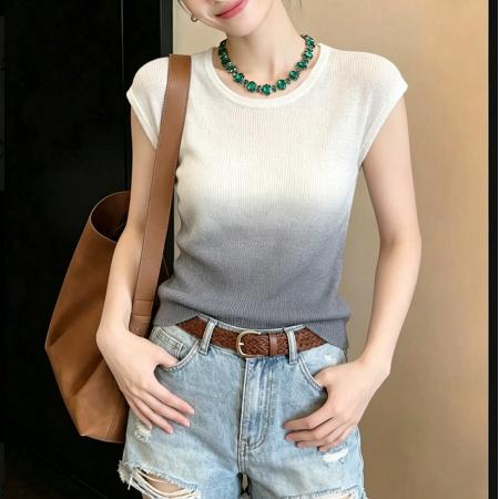 BY18048# 夏季新款气质显瘦渐变色薄款针织衫舒适简约冰丝短袖上衣女 服裝批發女裝批發服飾貨源