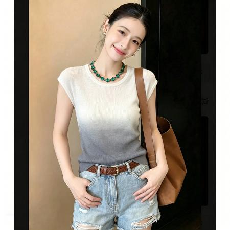 BY18048# 夏季新款气质显瘦渐变色薄款针织衫舒适简约冰丝短袖上衣女 服裝批發女裝批發服飾貨源