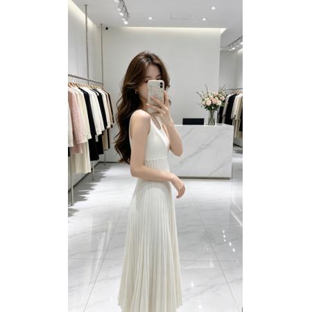 BY18051# 纯欲风针织无袖连衣裙女夏收腰显瘦白色方领吊带背心裙有 服裝批發女裝批發服飾貨源