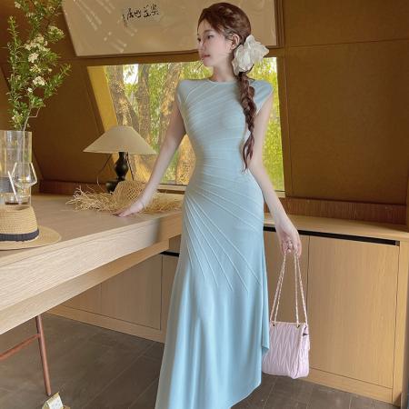 BY18055# 新款纯欲简约百搭设计感不规则无袖针织连衣裙夏季女 服裝批發女裝批發服飾貨源