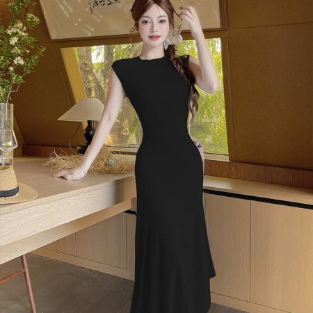 BY18055# 新款纯欲简约百搭设计感不规则无袖针织连衣裙夏季女 服裝批發女裝批發服飾貨源