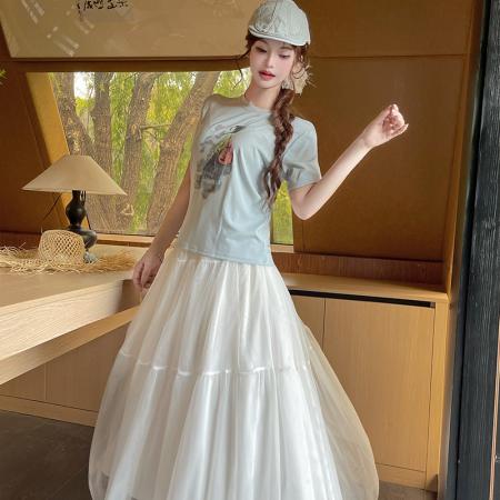 BY18057# 印花短袖上衣高腰纯色半身裙气质百搭垂感通勤日常 服裝批發女裝批發服飾貨源