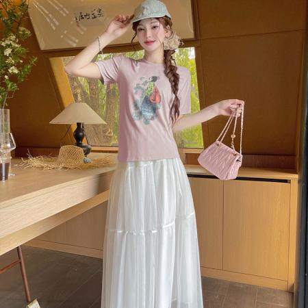 BY18057# 印花短袖上衣高腰纯色半身裙气质百搭垂感通勤日常 服裝批發女裝批發服飾貨源