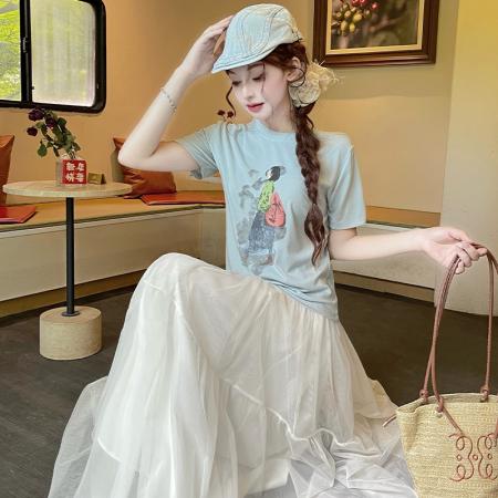 BY18057# 印花短袖上衣高腰纯色半身裙气质百搭垂感通勤日常 服裝批發女裝批發服飾貨源