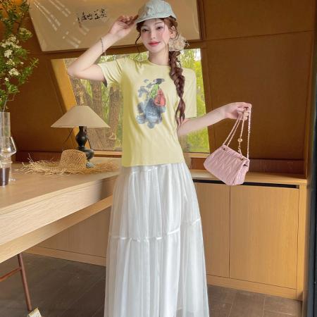 BY18057# 印花短袖上衣高腰纯色半身裙气质百搭垂感通勤日常 服裝批發女裝批發服飾貨源