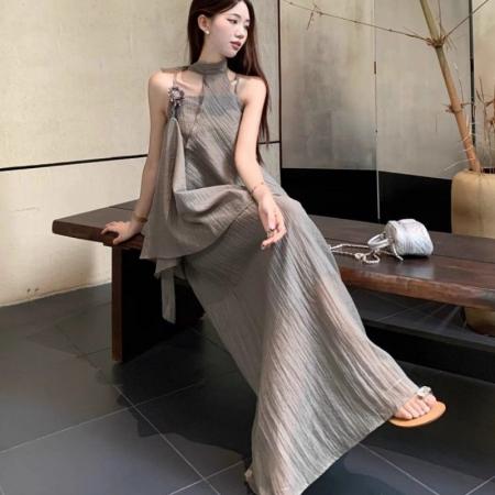 BY18059# 夏季新款不规则挂脖上衣吊带裙套装清冷感国风女装套装裙 服裝批發女裝批發服飾貨源