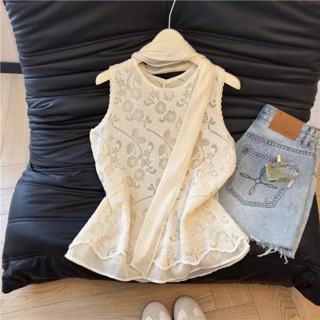 BY18062# 夏季新款小香风设计感蕾丝刺绣无袖假两件背心上衣女 服裝批發女裝批發服飾貨源