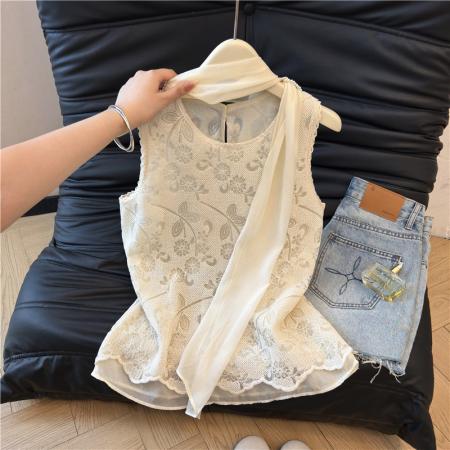 BY18062# 夏季新款小香风设计感蕾丝刺绣无袖假两件背心上衣女 服裝批發女裝批發服飾貨源