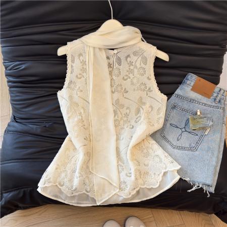 BY18062# 夏季新款小香风设计感蕾丝刺绣无袖假两件背心上衣女 服裝批發女裝批發服飾貨源
